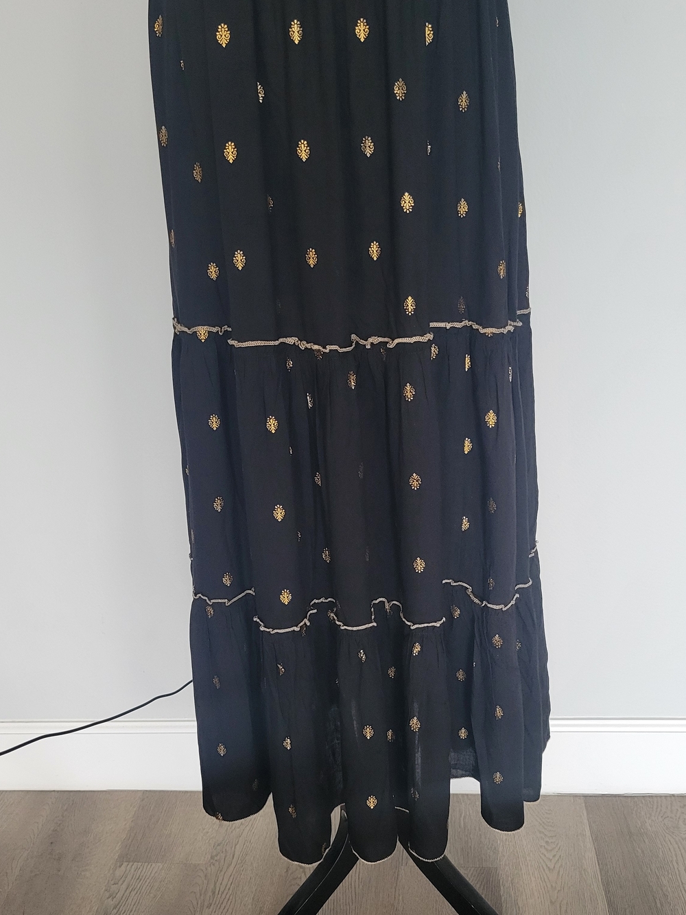 NWT Crochet Boho Coquette Bohemian Black Gold Tiered Maxi Dress Sz Large/XL - Picture 4 of 16
